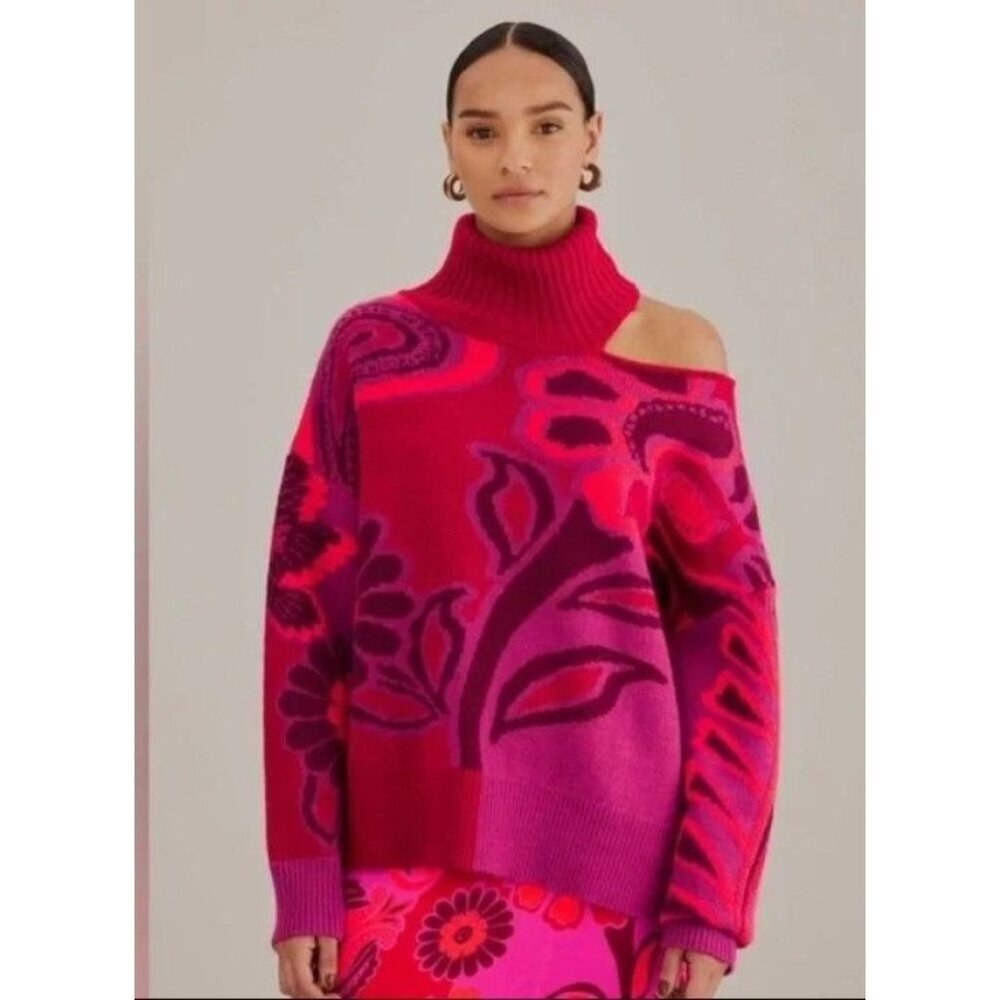 Anthropologie x FARM Rio Cut Out Floral Knit Sweater High Neck Small NWT Defect
